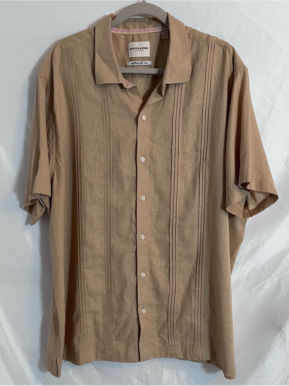 Scotch & Soda Linen Blend Pintuck Guayabera Shirt Tan Beige Mens XXL Like New